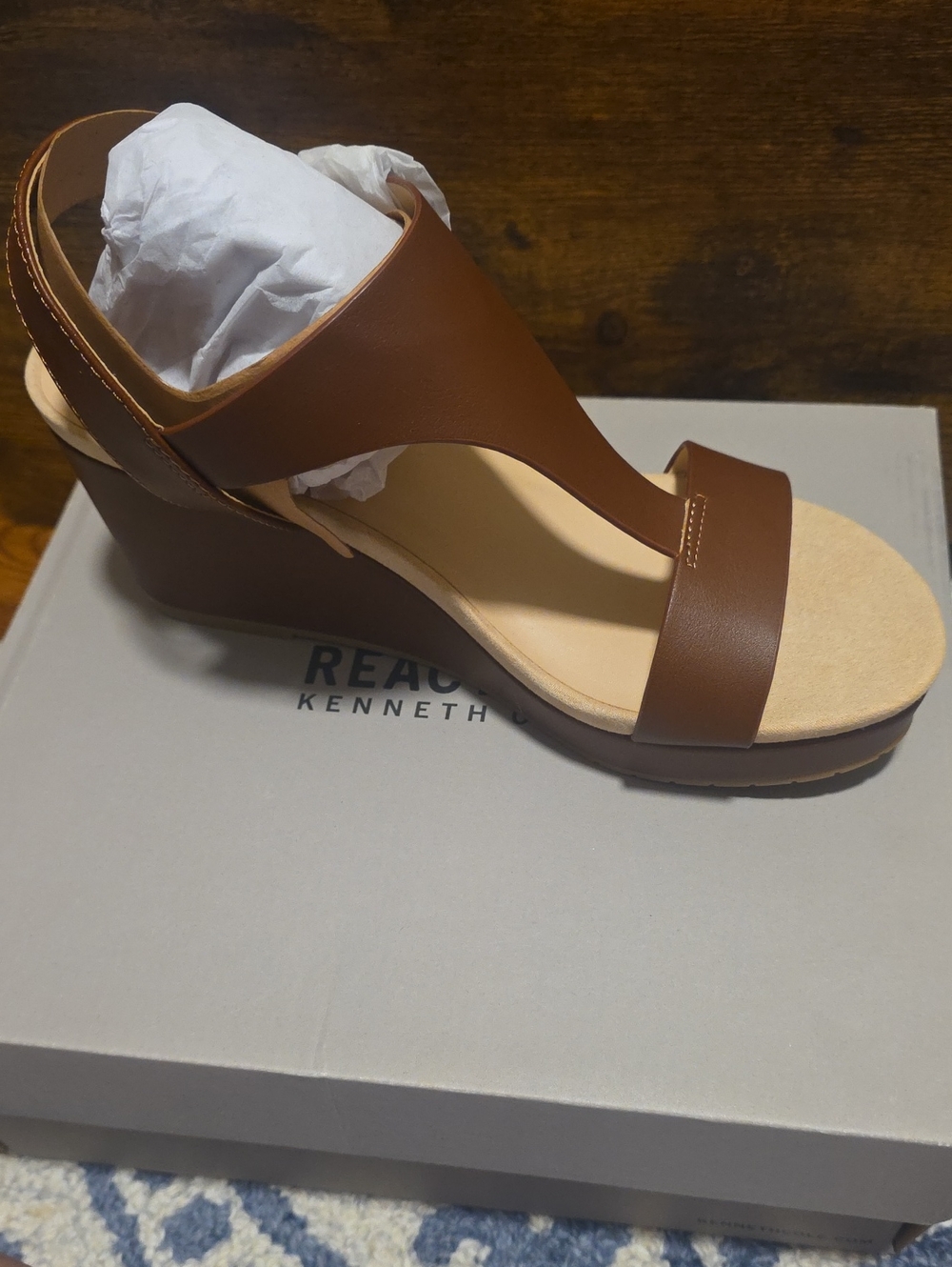 Kenneth Cole Reaction Cognac Brown Leather-Look Wedge Sandals